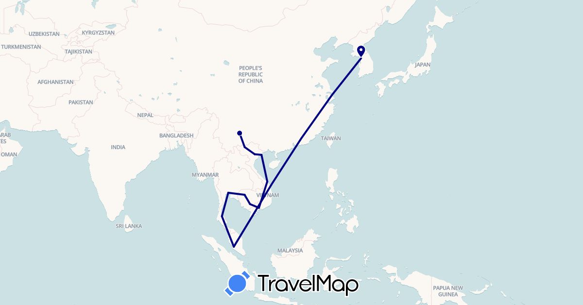 TravelMap itinerary: driving, bus in China, Cambodia, South Korea, Malaysia, Thailand, Vietnam (Asia)
