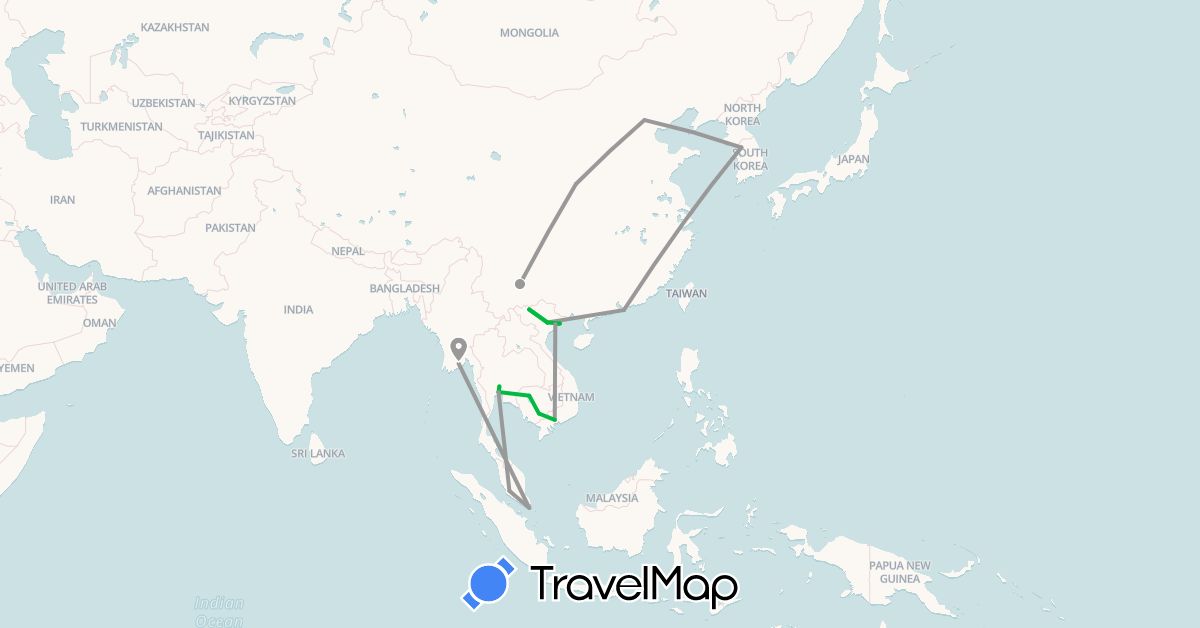 TravelMap itinerary: driving, bus, plane in China, Hong Kong, Cambodia, South Korea, Myanmar (Burma), Malaysia, Singapore, Thailand, Vietnam (Asia)